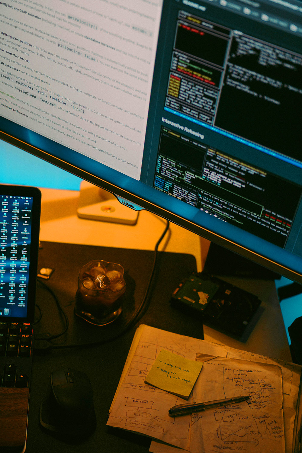 A remote workstation with multiple screens and blurred project notes, suggesting digital overload and unclear direction