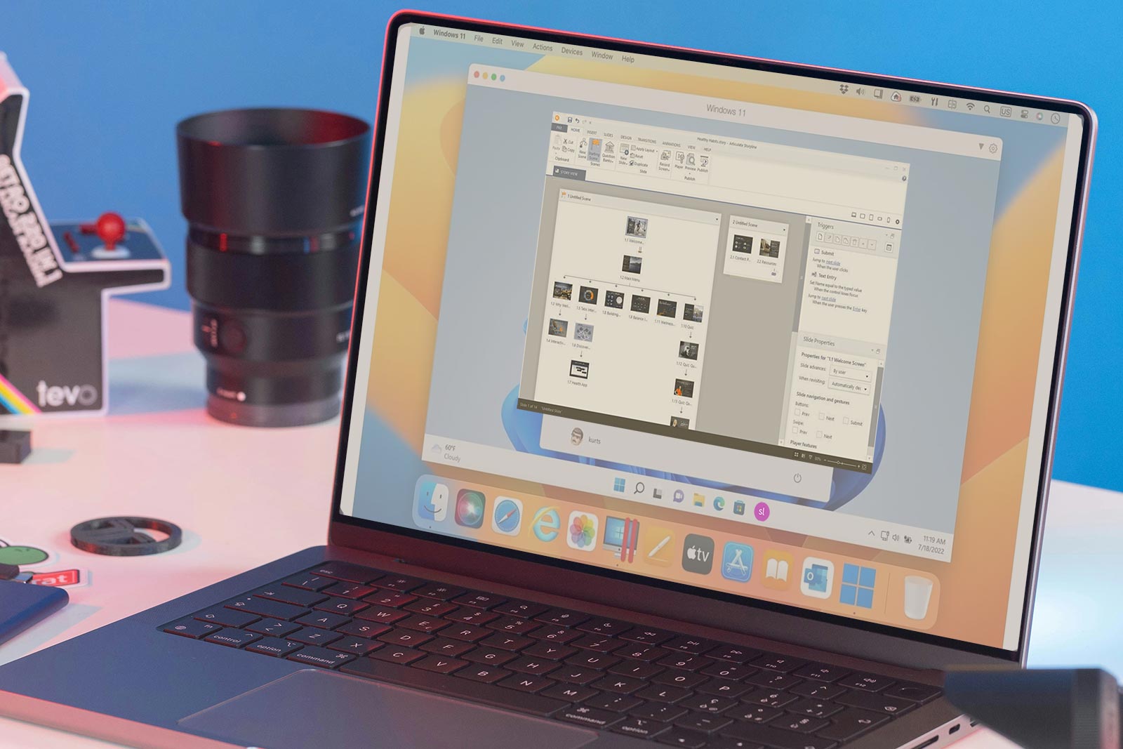 macOS running Windows through Parallels, with Storyline open inside it—a machine inside a machine used to publish for the web.